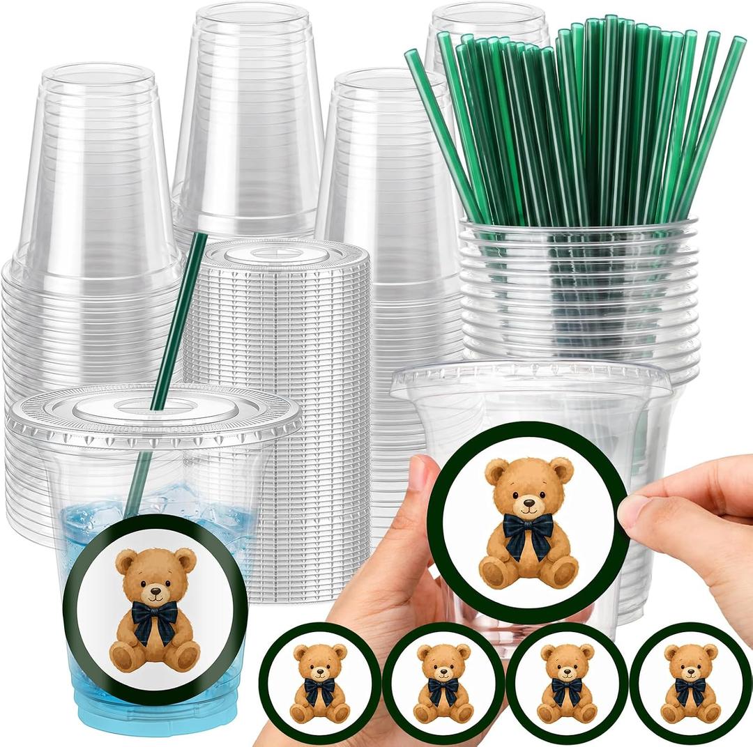 50 Sets Tartan Plaid Bear Baby Shower Party Plastic Cups Bulk 14 oz Disposable Clear Cups with Lids, Straws & Bear Stickers for We Can Bearly Wait Vintage Blue Green Theme Party Favor