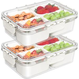 Small Snackle Box Container, Divided Serving Tray with Lid, 4 Compartment Snack Box Container for Candy, Fruits, Charcuterie, Travel & Parties, BPA-Free (White 2 Pack)