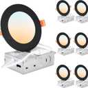 DLLT LED Recessed Ceiling Light: 6 Pack 4 Inch Black Slim Recessed Lighting for Kitchen - 5CCT Dimmable Canless Wafer Downlight for Living Room - 900LM Brightness 6W LED Can Lights for Bedroom ETL FCC