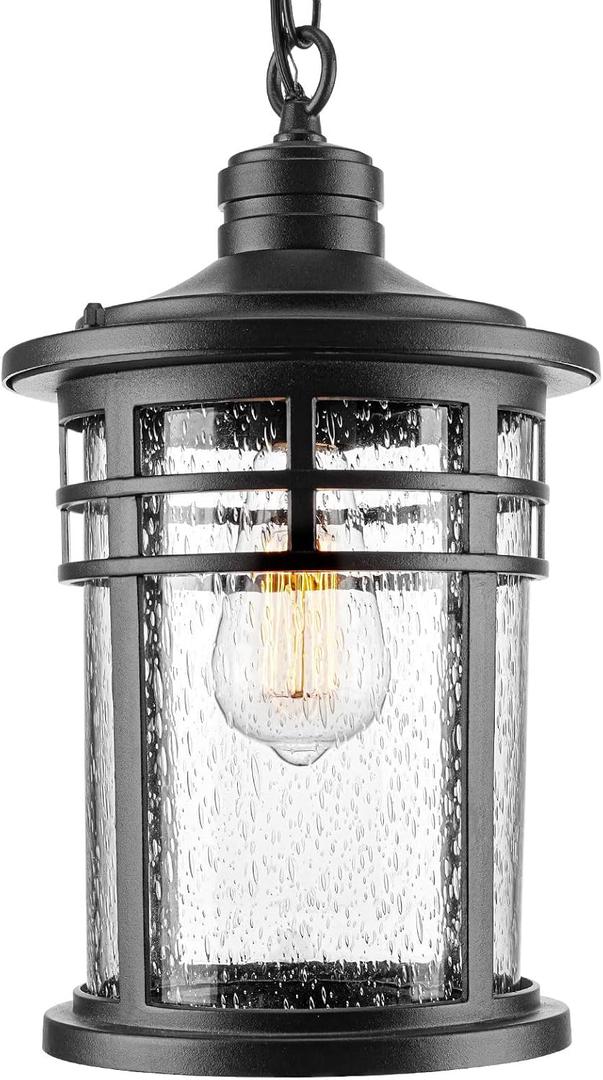 Darkaway Large Outdoor Pendant Lights, 15inch Outdoor Chandelier Hanging Porch Lights Outside Ceiling Mount Aluminum with Seeded Glass for Front Door Gazebo Patio (Large, Black)