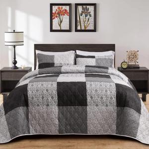 BALAPET Oversized King 128x120 Bedspread for California King Bed, Patchwork Plaid Grey Black Coverlet Set with 2 Matching Shams, Soft Lightweight Quilted Bedding Set for All Season