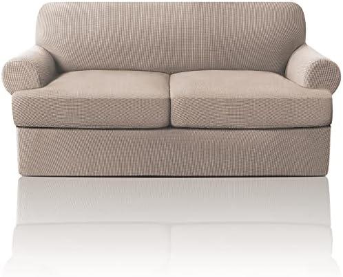 PrinceDeco T Cushion Loveseat Slipcover 3 Pieces Sofa Covers for T Cushion Sofa Stretch Slip Covers for 2 Cushion Couch with 2 Individual T Shape Seat Covers Width Up to 76" - Washable, Sand