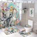 Rustic Elephant- 4 Pieces Shower Curtain Set,Watercolor Art Elephant Flower Butterfly Pattern Non-Slip Rugs Toilet Lid Cover Bath Mat and Bathroom Curtain