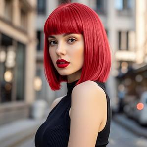 SUKRI Red Bob Wig with Bangs Short Red Wigs for Women Shoulder Length Wigs 12Inch Heat Resistant Synthetic Wig for Daily Party Cosplay