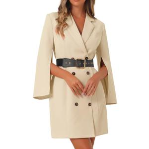 Allegra K Womens Work Dresses Slit Sleeve 2025 Fall Belted Double Breasted Business Blazer Dress (Medium, Beige)