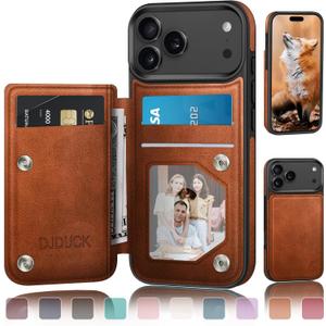 DJDUCK Designed for iPhone 17 Pro Case Wallet with Card Holder, [Magnetic Clasp Cover] [RFID Blocking Leather Protection] Shockproof Women Men Cases 6.3 Inch for Apple 17 Pro Light Brown