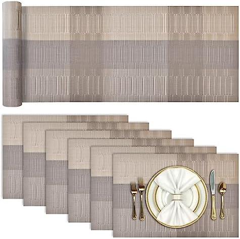 Aofmee Table Runner and Placemats Set of 6 Washable, Heat Resistant Place Mats with Table Runner, Woven Vinyl Table Placemats, Stain Resistant Kitchen Table Mats Sets, Easy to Clean, Gold, Set of 7