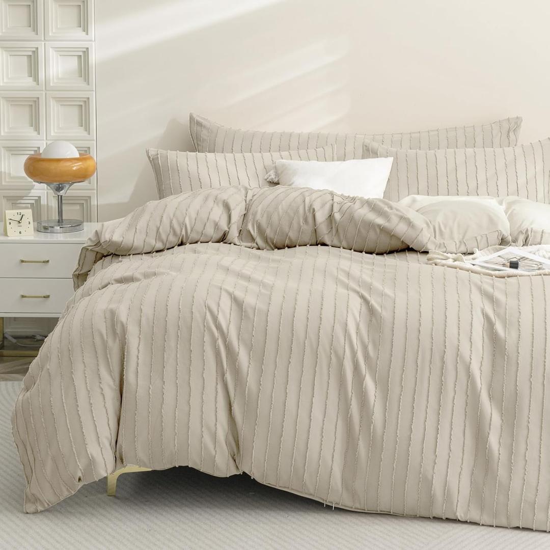 JELLYMONI Duvet Cover Oversized King Size Light Khaki - 3PCS Boho Striped Duvet Cover Set Microfiber Tufted Bohemian Textured Comforter Cover 12098in with Corner Ties & Zipper and 2 Pillowcases