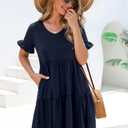 Summer Dresses for Women 2026 Loose V Neck Ruffle Sleeve Tiered Flowy Casual A Line Mini Beach Dress with Pockets (XL)