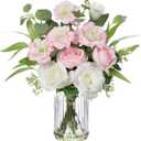 Hollyone Fake Flowers in Vase with Faux Water Artificial Silk Rose Flowers Arrangement with Eucalyptus Plants with Vase Faux Silk Rose Flowers Bouquets Table Centerpieces Office Bathroom Home Decor (Style 1)