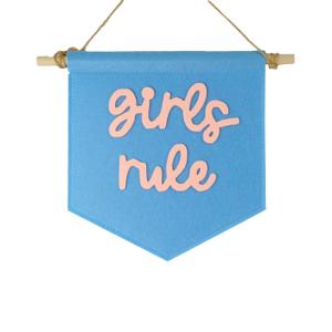 Girls Rule Mini Hanging Felt Banner，- Baby Kids Girl Nursery Wall Decor, Kids Room Flag, Cute Decorative Banner, Charming Decoration for Small Spaces (Blue)