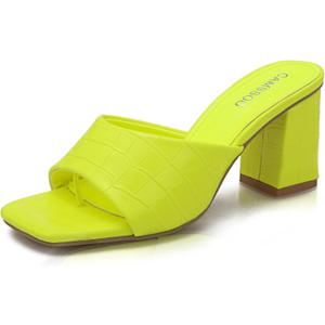 CAMSSOO Women's Square Open Toe Heeled Mules Flip Flops Chunky Heels Slip On Sandals Block High Heel Fashion Wedding Dress Shoes (7.5, Yellow)