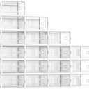 SONGMICS Stackable Shoe Boxes, Foldable Shoe Storage Organizers, Ventilated, for Max. Men's Shoes US Size 9 or Women's Shoes US Size 11, Sneakers, Set of 18, Transparent and White ULSP106W18V2