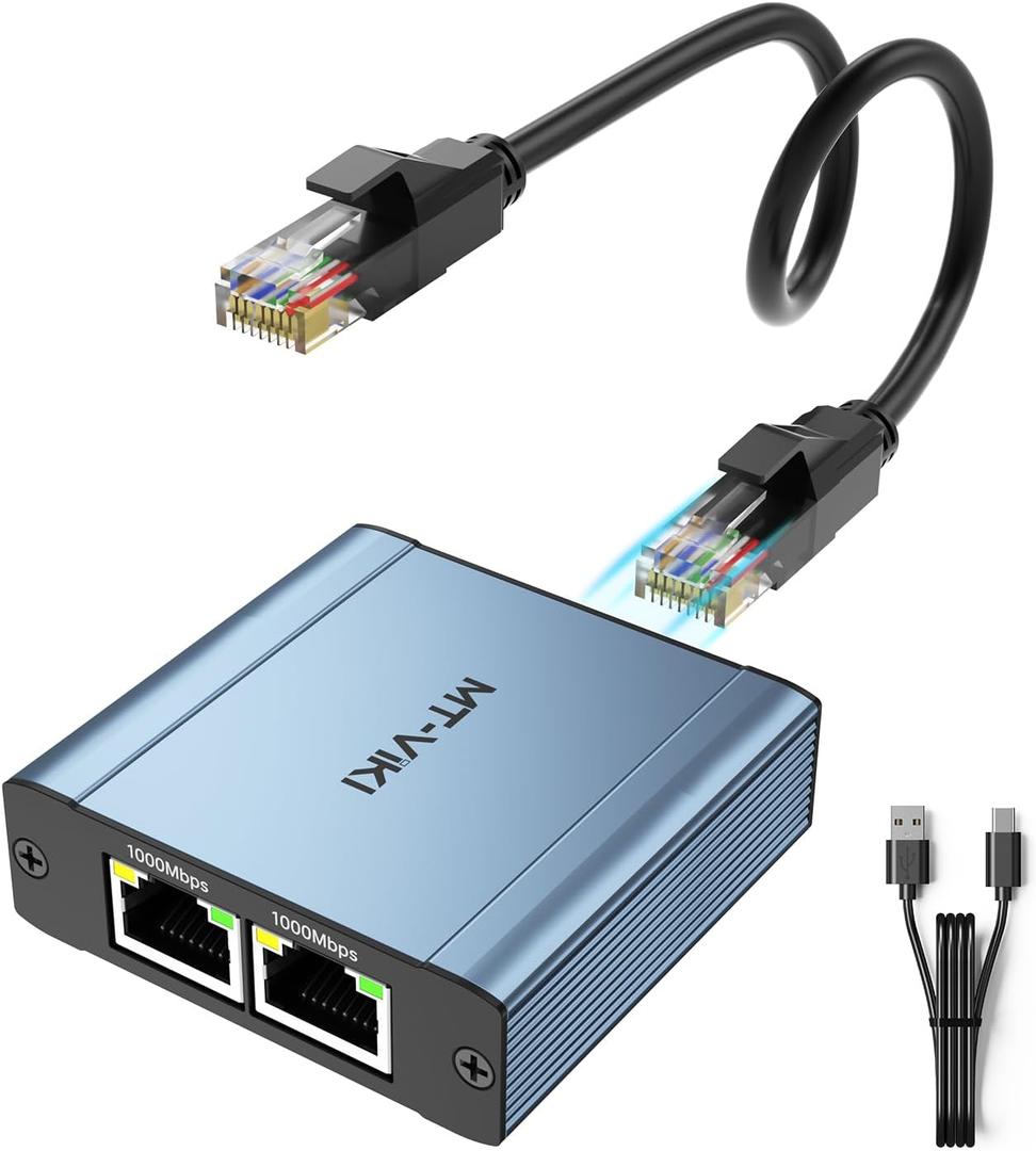 MT-VIKI Ethernet Splitter 1 to 2 High Speed 1000Mbps, Gigabit Dual RJ45 Splitter Adapter for Cat5/5e/6/7/8 Cable [Aluminum Case with Power Cable]