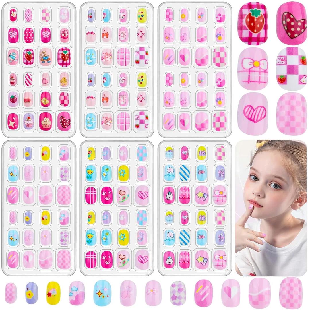 144 Pcs Kids Fake Nails Set, Thrilez 6 Pack Press on Nail Pre-glue Artificial False Acrylic Nails Set for Little Girl Children Toddlers