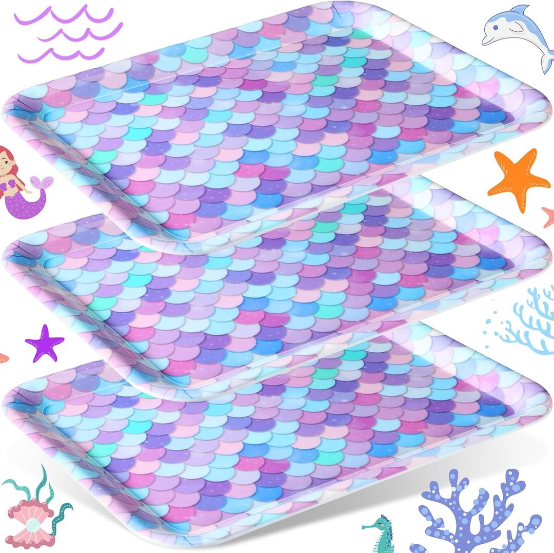 Zubebe 3 Pcs 13 x 10 Inch Mermaid Serving Trays and Platter Ocean Theme Serving Dishes Reusable Mermaid Birthday Party Decoration for Food Snacks Cookies Dessert