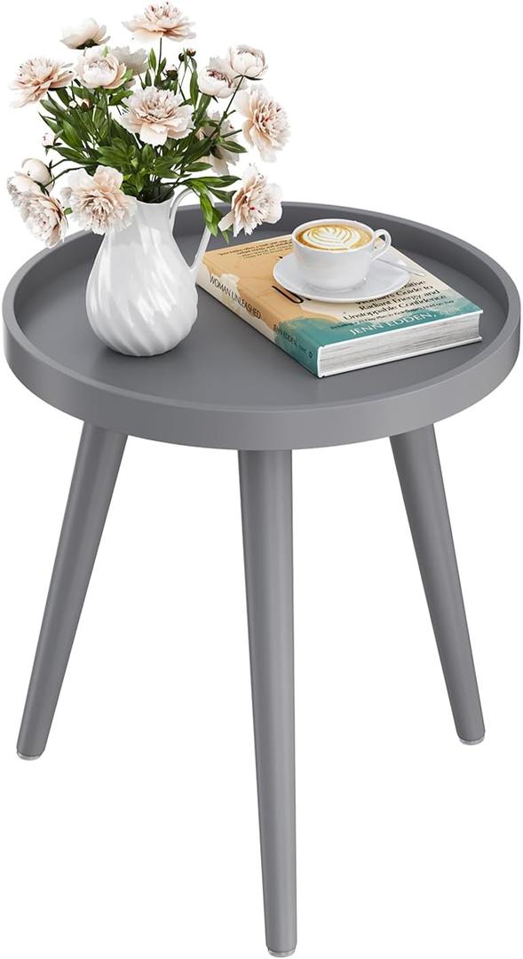 Apicizon Round Grey Side Table, Tray Nightstand Coffee End Table for Living Room, Bedroom, Small Spaces, Easy Assembly Bedside Table, 15 x 18 Inches