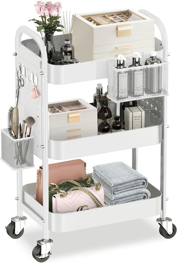 ALVOROG 3 Tier Rolling Cart with DIY Pegboards Metal Utility Cart with Wheels Handles Baskets Hooks, Storage Cart for Office Kitchen Bathroom(White)