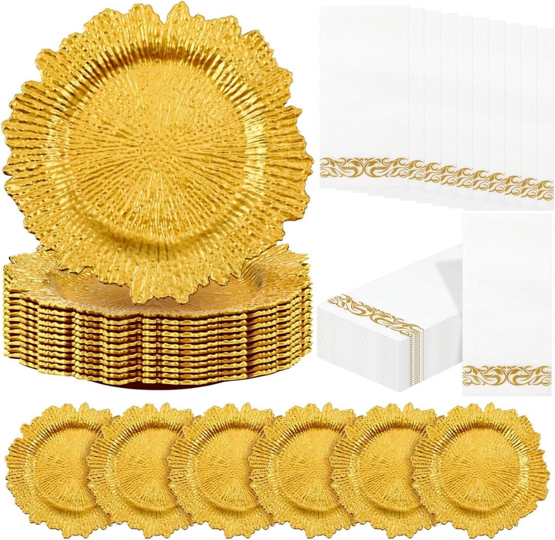 Nitial 50 Set Reef Charger Plate Set Bulk 13 Plastic Charger Plates Ruffled Rim with Paper Napkins Guest Towels for Table Setting Wedding Party (Gold)
