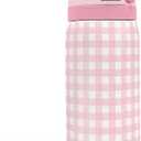 Gingham Pattern Insulated Stainless Steel Water Bottle with Straw, Push-Button Lid, 32 Ounce, Gifts for Women Girls Friends Teens Birthday Christmas (Pink)