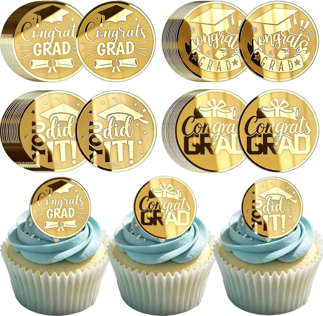 40PCS Graduation Cupcake Toppers, 4 Designs Gold Acrylic Graduation Cake Toppers, Congrats GRAD & You Did It Decorations, Class of 2026 Graduation Party Supplies for High School College Grad Party