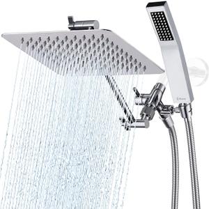 G-Promise All Metal 8 Inch Dual Square Shower Head with Handheld Spray Combo, Rain Shower Head, Adjustable Extension Arm, Smooth 3-Way Diverter, 71 Inch Extra Long Hose - A Bathroom Upgrade (Chrome) (8 Inches, Polished Chrome)