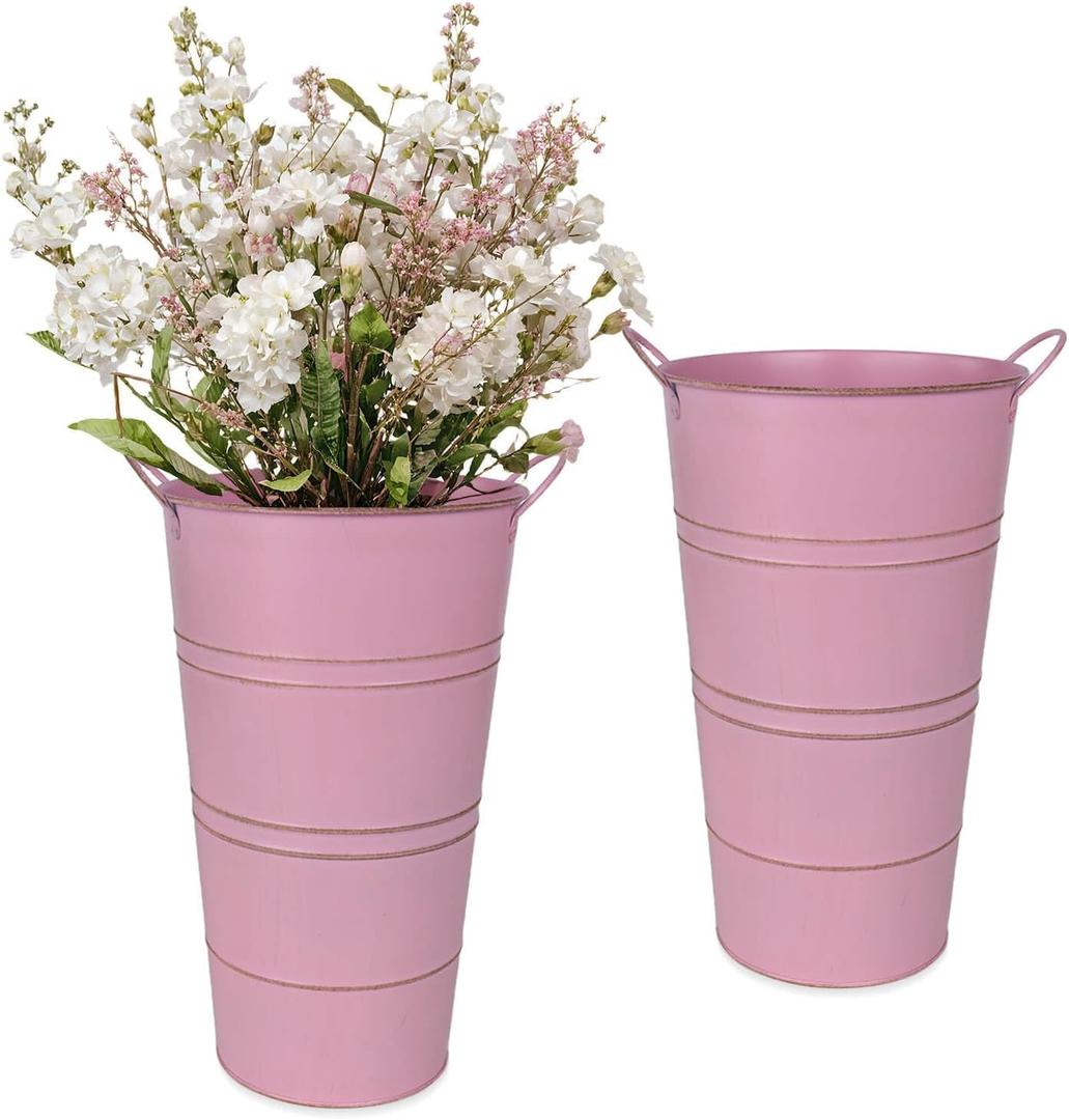 12 Inch Galvanized Metal Vases for Flowers - 2 Pcs Farmhouse Decorative Tall Flower Bucket with Handles, Rustic French Tin Planter Buckets for Wedding Decor (Pink)