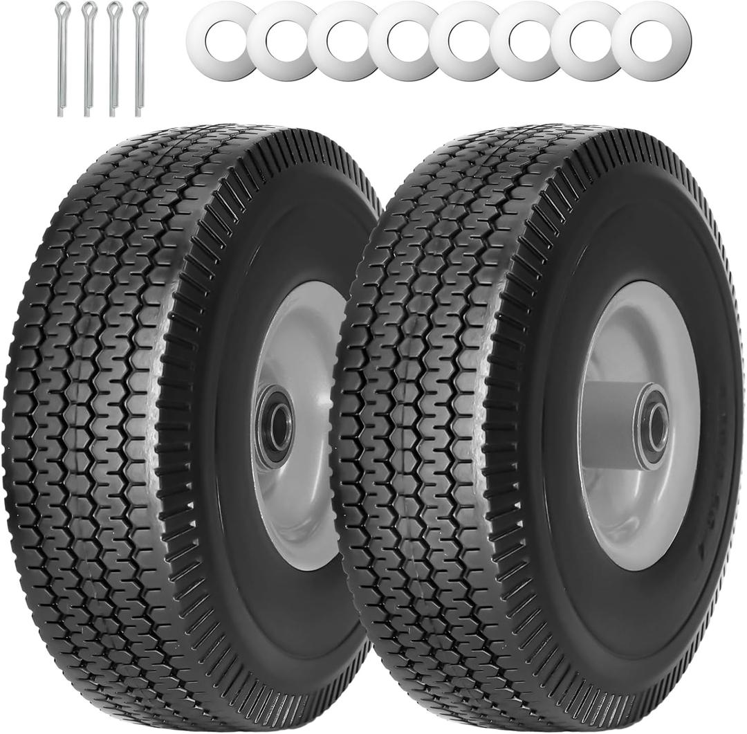 2Pack 10 x 4.10/3.50-4" Solid PU Run-Flat Tire Wheel with 5/8"Axle Bore Hole 2.24" Offset Hub Double-Sealed Ball Bearings for Wagons Wheelbarrows Hand Trucks