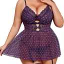 Plus Size Lingeire for Women Mesh Babydoll Dress with Gater Belt Lace Nightgown Chemise (Purple, XL)