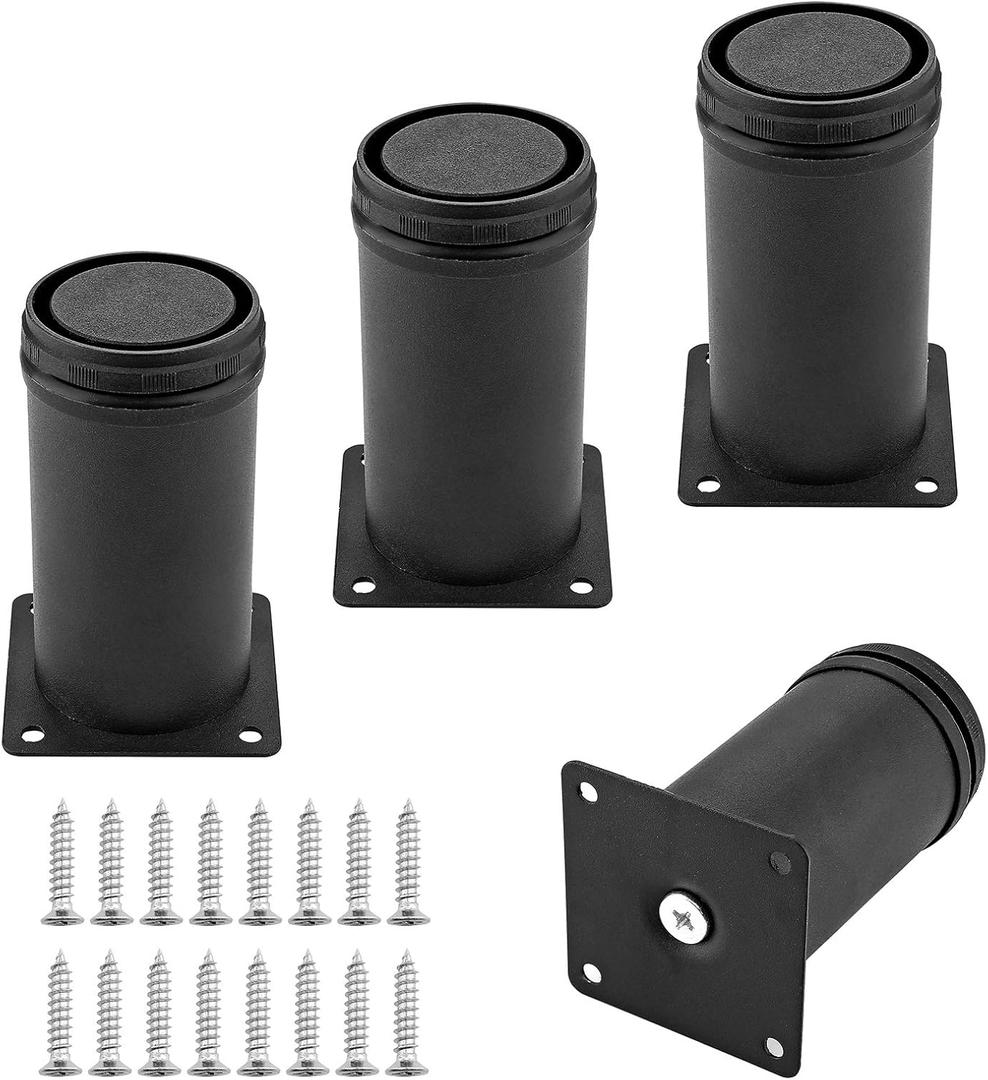 Set of 4 Stainless Steel Furniture Legs 4 Inch, Adjustable Round Cabinet Legs 2" Dia Kitchen Feet, Metal Replacement Legs for Cabinet Sofa Couch Shelves Table (Black)
