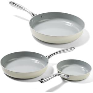 Non Stick Frying Pans Set, Ceramic Skillet, Non Toxic Omelette Egg Pans for Cooking, 8" 9.5" 11" PFAS & PTFE & PFOA Free with Stainless Steel Handle, Dishwasher & Oven Safe, White