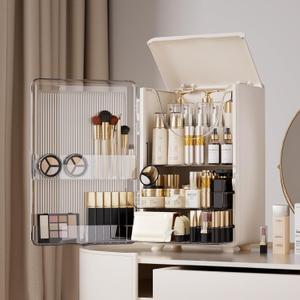 Makeup Organizer for Vanity,Perfume Organizer Display Case,Large Plastic Drawer Storage,White Multi-Function Brush Organizers Storage for Bathroom Countertop (White)