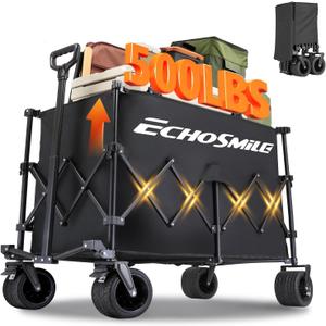 EchoSmile Collapsible Foldable Extended Wagon with 500Lbs Weight Capacity, 300L Folding Utility Wagon Cart with Big All-Terrain Wheels for Beach,Sport,Garden&Grocery (Black)