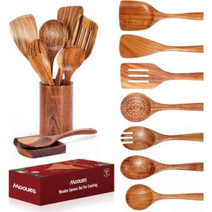 Mooues Wooden Spoons for Cooking, Wooden Utensils for Cooking Natural Teak Wooden Kitchen Utensils Set Comfort Grip(9 PCS Xmas Gift)
