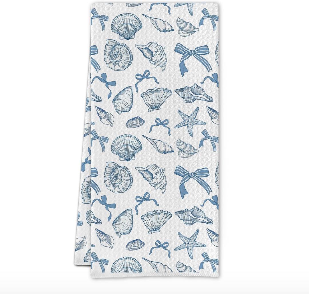 Blue Bow Beach Coastal Seashell Kitchen Towels, Coastal Nautical Dish Tea Towels, Preppy Ocean Conch Shell Starfish Decorative Hand Towel for Kitchen Bathroom, 16x24 Inch