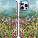 DEENAKIN for iPhone 14 Pro Wallet Case with Card Holder + Cash Clip, RFID-Blocking, Military-Grade Drop Protection & UV-Printed Artwork, Magnetic Closure with Leather Stand - Vivid Flowers Painting