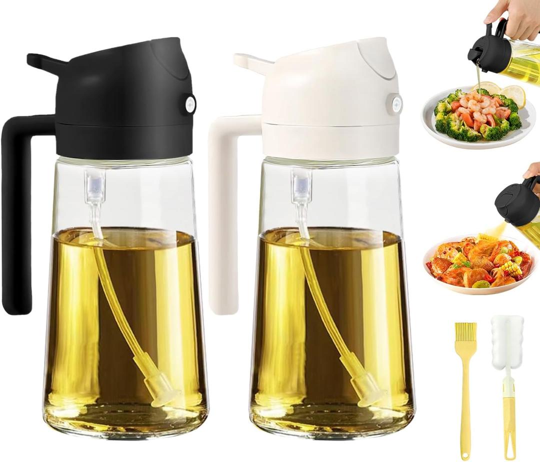 2pcs Oil Sprayer for Cooking, 16oz/470ml Oil Dispenser for Kitchen, 2 in 1 Olive Oil Dispenser Bottle for Kitchen Gadgets, Air Fryer, Salad, BBQ (Black, Ivory)