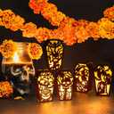 Capoda 5 Pieces Halloween Candle Holder Boxes Decorations Wooden Pumpkin Tombstone Skeleton Dead Tree Witch Coffin Shape Hollowed Decorative Luminary Box for Home Decor Party, Assembly Required