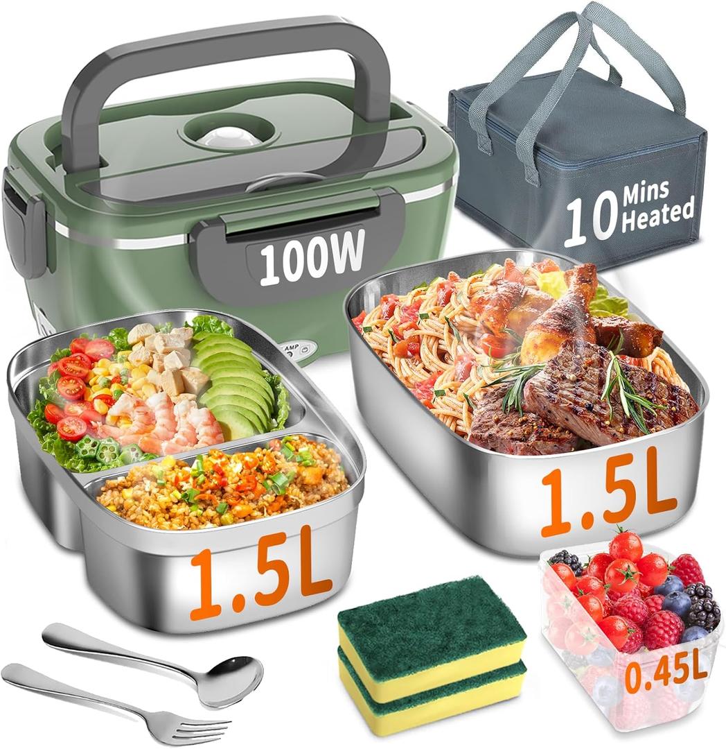 Electric Heated Lunch Box for Adults with 2 Pack 1.5L Containers, Portable 100W 3-IN-1 Fast Heated Lunch Box for Men Women, Portable Heating Food Warmer,12V/24V/110V for Car Truck Office Home Travel (Green/Grey)