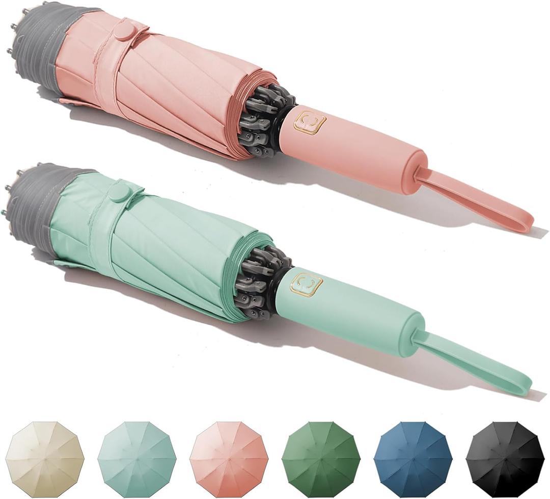 Windproof Travel Umbrella for Rain, Large Portable Reverse Folding Car Umbrella, Inverted Design, Compact Auto Open Close with Durable Waterproof Canopy, Fits Backpack/Women Men, 45.6 Inch (2 CYAN+PINK)