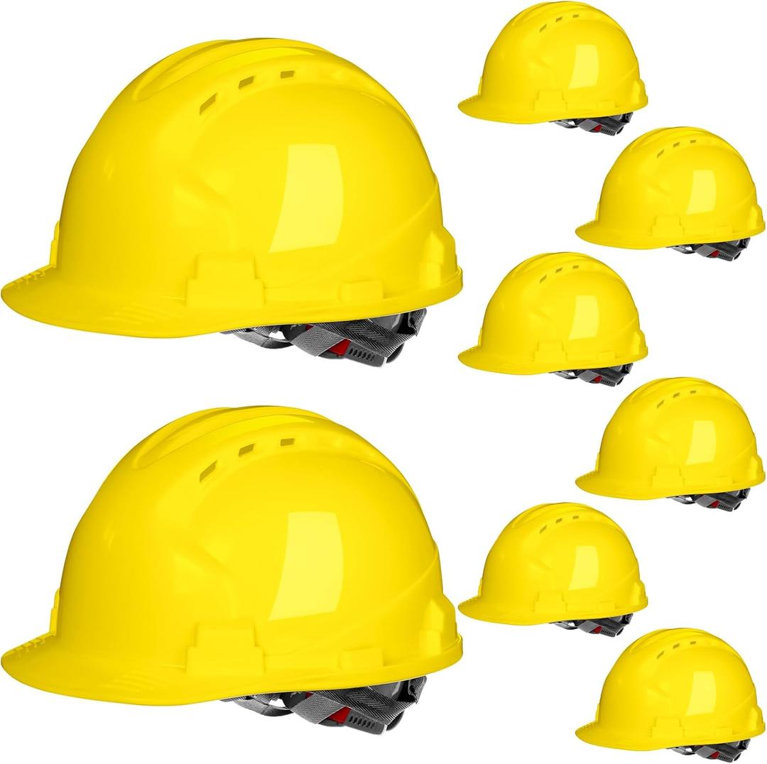 Leumoi 8 Pieces 4 Pt. Suspension Hard Hat Bulk Safety Helmets Adjustable Ratchet Hard Hats with Vents and Cotton Brow Pad ABS Construction Hardhats for Men Work Head Protection Supplies