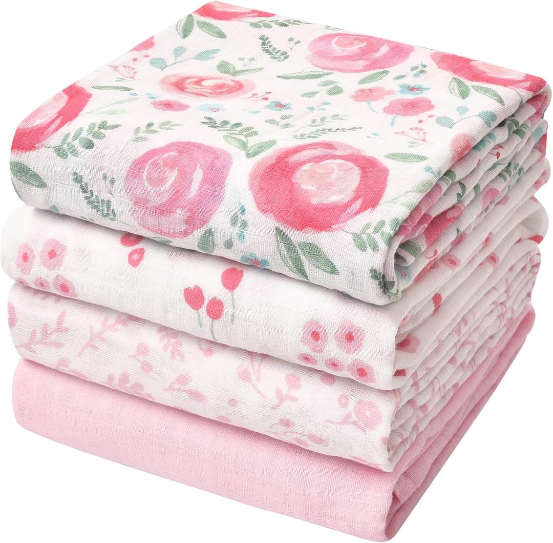 david's kids 4 Pack Baby Muslin Swaddle Blankets, 100% Cotton and Ultra Soft Breathable Receiving Blanket Wrap for Girls, New Born Essentials, Large 47 x 47 inches, Floral Flowers/Pink 