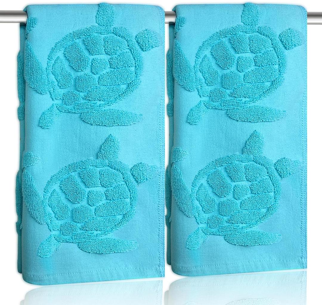 2 Pcs Sea Turtle Hand Towels for Bathroom 100% Cotton Jacquard Weave Teal Turquoise Coastal Beach Guest Hand Towels Bathroom Kitchen Towels Decor Accessories (Turtle Blue)
