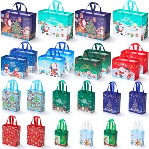 EQOREIIN Christmas Gift Bags 24 Pack Assorted Sizes - Variety Pack Includes (4XL+8L+8M+4S) Non-Woven Reusable Tote Bags with Handles for All Xmas Gifts, Holiday Party Favors & Decor (colorful)