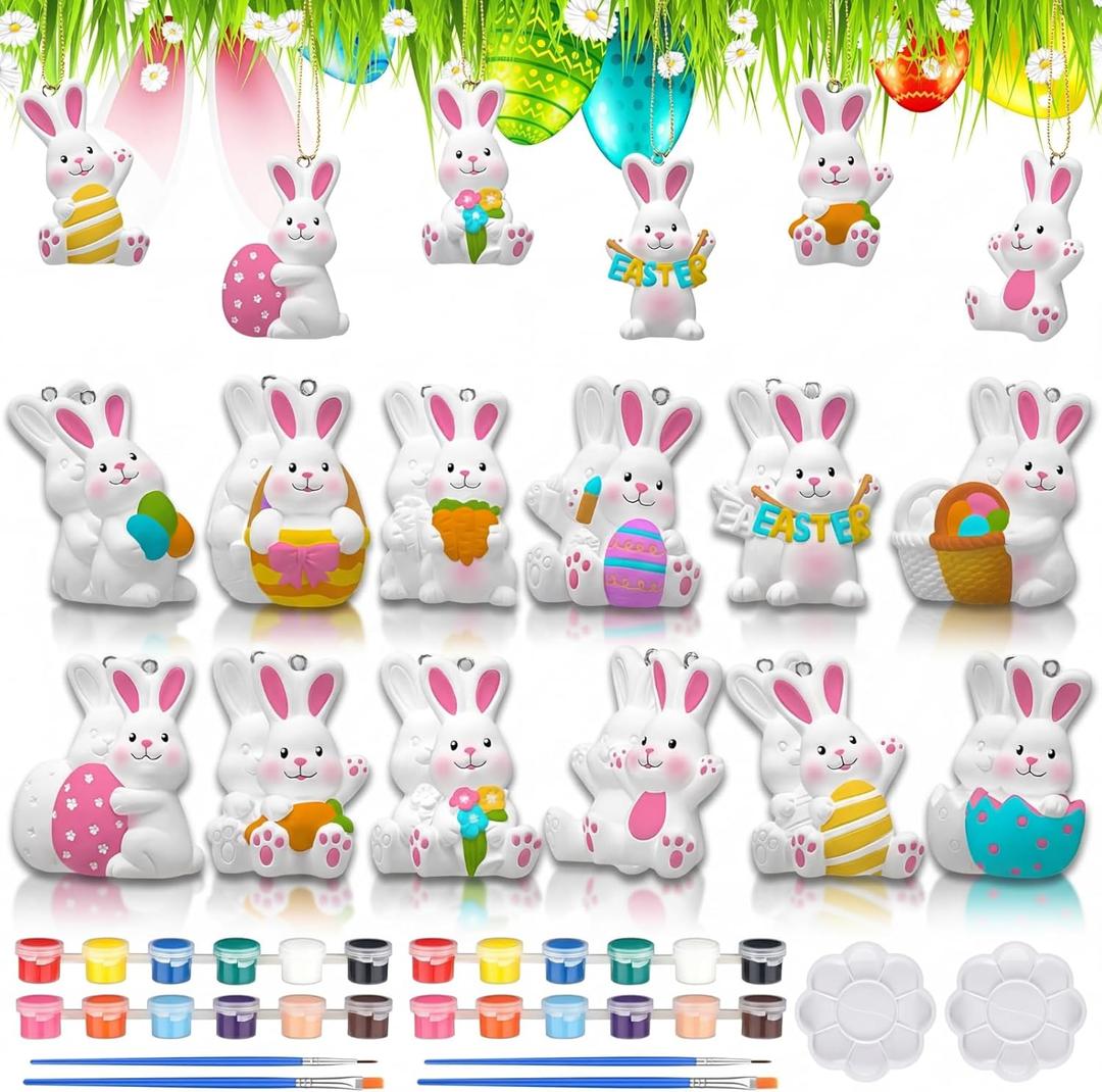 RoundFunny 24 Pcs Easter Ceramic Painting Kit Ready to Paint Your Own Bunny Statues Bulk 3D Hanging Bunny Ornament Kits for Easter Basket Stuffers Party Favors DIY Arts Project Decor