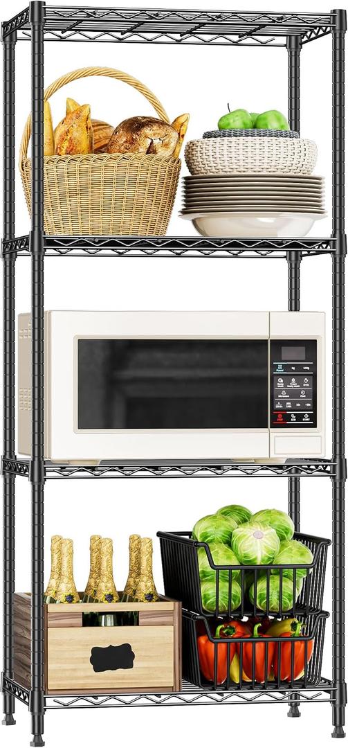 4 Tier Wire Shelf, 1000 LBS Black Wire Shelving Unit for Garage Storage | 13.8" D X 23.6" W X 53.4" H Shelving Unit with Adjustable Layer, Metal Wire Shelf Rack for Pantry Kitchen and Restaurant