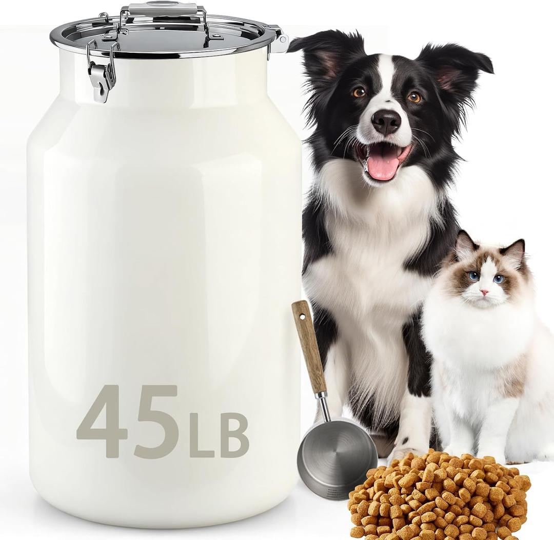 Dog-Cat Food Storage Container 45 lb/48 Qt, Large Stainless Steel Pet Food Bin with Airtight Lid & Scoop Included, Durable 304 Metal Storage for Dogs & Cats 