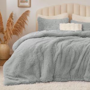 BEDELITE Grey Fluffy Comforter Set Queen Size, Fuzzy Faux Fur Comforter Bedding Set, 3Pieces Soft Warm Shaggy Bed Set (1 Comforter & 2 Pillowcases) as Gifts for Women