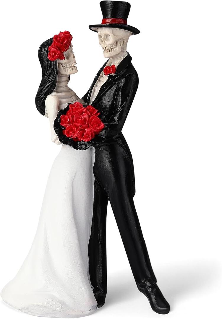 LemonRoad Day-of-the-Dead Couple Skeleton Decor Bride and Groom Skeleton Dia De Los Muertos Figurines Day of the Dead Decorations Halloween Gothic Wedding Cake Topper Decor (Red Rose)