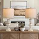 BOBOMOMO 20" Retro Table Lamps Set of 2 - Farmhouse Lamp for Living Room with Linen Shades, Rustic Bedside Nightstand Lamps, Resin Lamps for Bedroom Nursery Room Hallway - Ideal for Compact Spaces (White&Gold Finish)